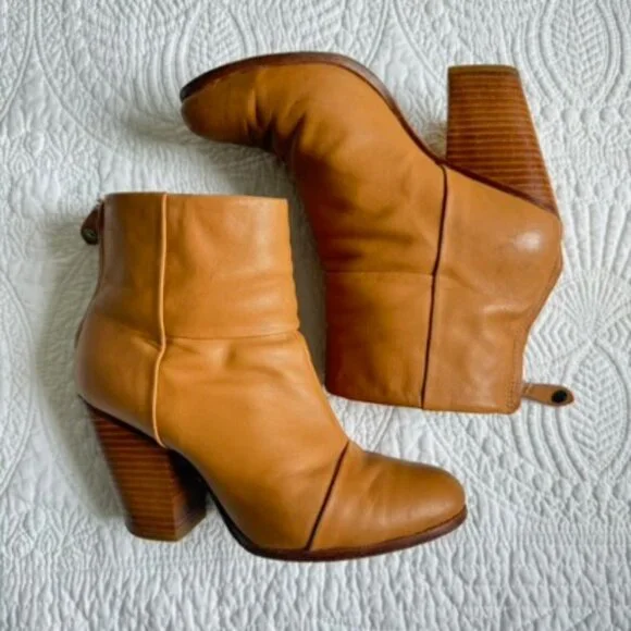 Rag & Bone Newbury Tan Leather Booties 3.5” Heel Classic Ankle Boots - Picture 2 of 8